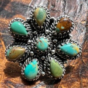 925 Sterling Silver Kingman Turquoise Cluster Flower Ring Sz 6